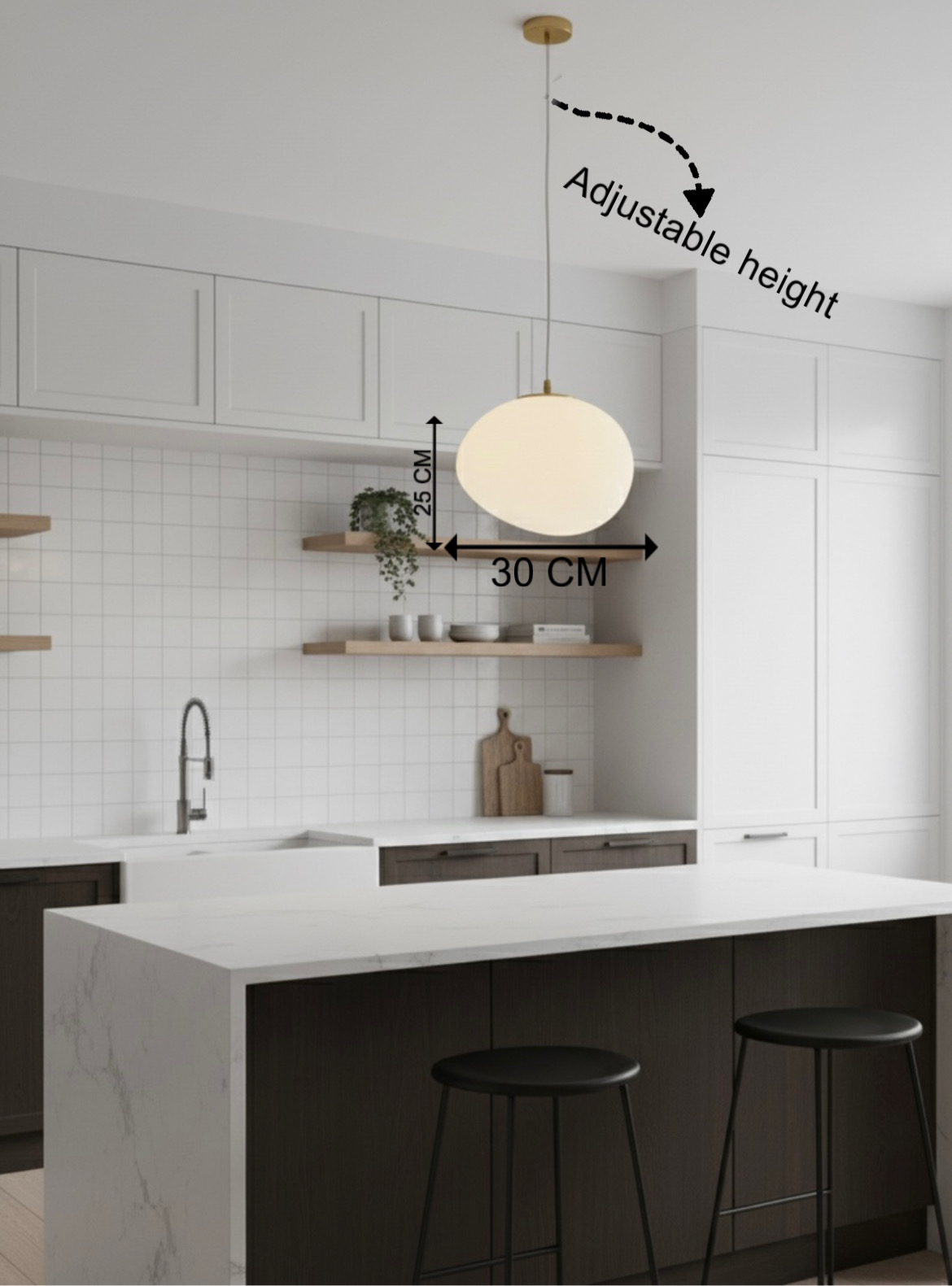 Powerlam Modern Globe Pendant Light, White Glass Shade, Adjustable Height, 30cm Diameter, Contemporary Minimalist Design for Kitchen, Living Room