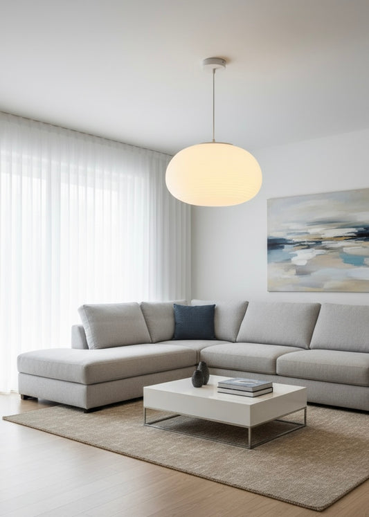 Powerlam Modern Oval Glass Pendant Light, White Frosted Shade, 33x20 cm, Contemporary Hanging Lamp for Living Room, Dining Room