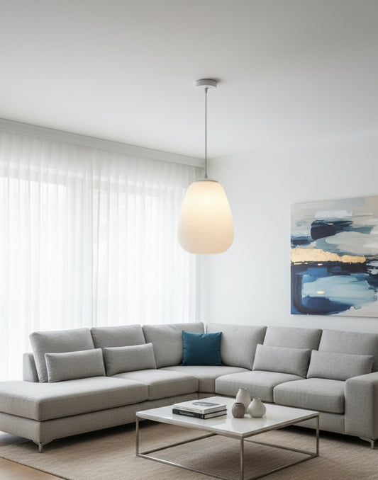 Powerlam Modern Pendant Light, White Frosted Glass Teardrop Shade, Contemporary Hanging Lamp for Living Room, Bedroom, Dining Area