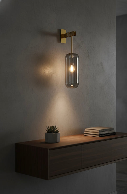 Powerlam Modern Wall Sconce Light with Smoked Glass Cylinder Shade, Brass Finish, Edison Bulb Compatible, Indoor Lighting