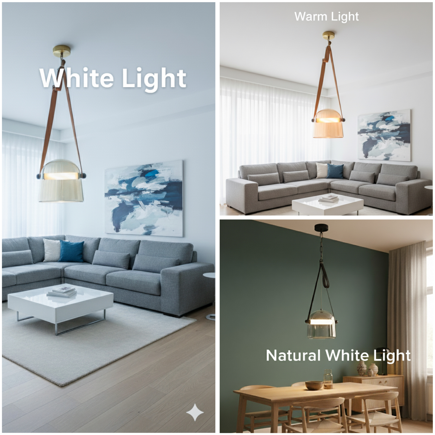 Powerlam Modern Glass Pendant Light, Brown strap , Clear Dome Shade, Contemporary Hanging Lamp for Dining Room, Living Room, Bedroom