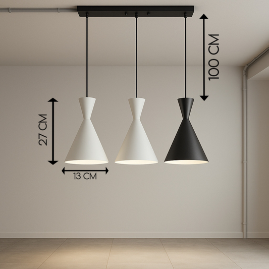 POWERLAM Modern Triple Cone Pendant Light | Ceiling Hanging Light for Living Room, Dining, Kitchen | Decorative Designer Suspension Lamp (Matte Black & White)