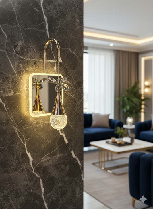 Powerlam Modern LED Wall Sconce with Crystal Glass Shade, Gold Metal Frame, Illuminated Mirror Design, Luxury Home Decor Light Fixture