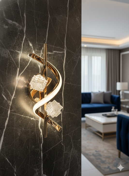 Powerlam Modern Luxury Wall Sconce, Gold Crystal LED Light Fixture, Curved Design, Contemporary Indoor Decorative Lighting for Living Room