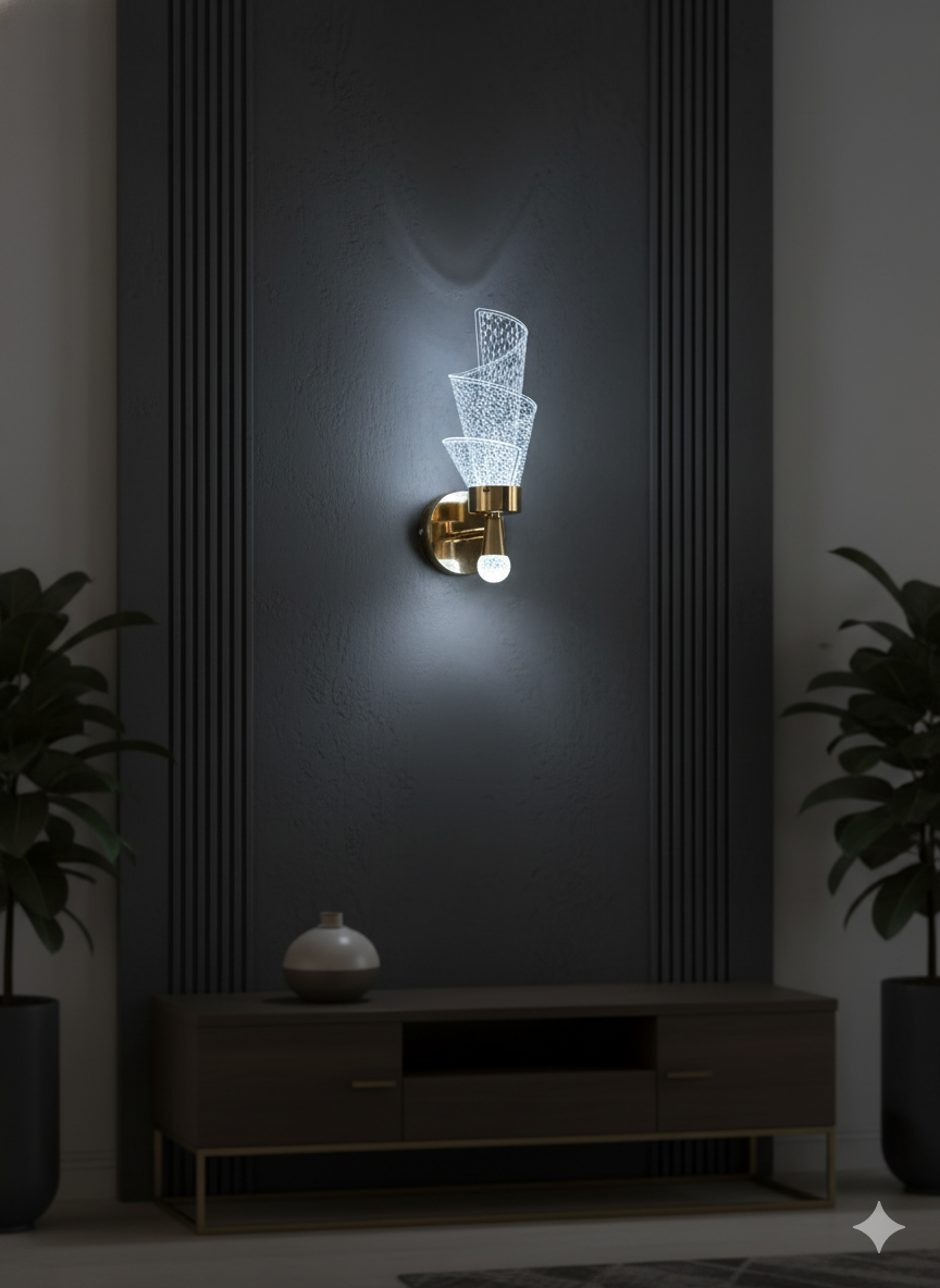 POWERLAM Spiral Crystal LED Wall Light | Modern Decorative Wall Lamp for Bedroom, Living Room & Hall | Stylish Golden Finish Wall Sconce for Home Décor