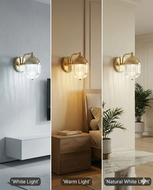 POWERLAM Modern Gold Wall Light with Ribbed Glass Shade | Luxury LED Wall Sconce for Bedroom, Living Room & Hallway | Decorative Home Lighting