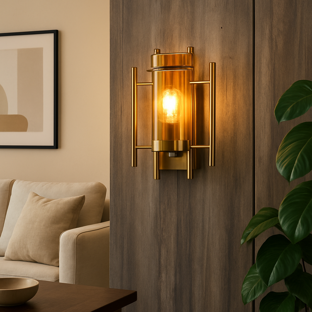 Powerlam Modern Wall Sconce Light with Glass Cylinder Shade, Gold Metal Frame, Industrial Style