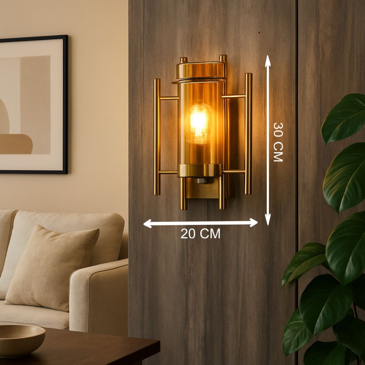 Powerlam Modern Wall Sconce Light with Glass Cylinder Shade, Gold Metal Frame, Industrial Style