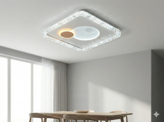 Powerlam LED Ceiling Light, Square Diamond Shape, Crystal Border, Modern Flush Mount, Dual Tone Lighting