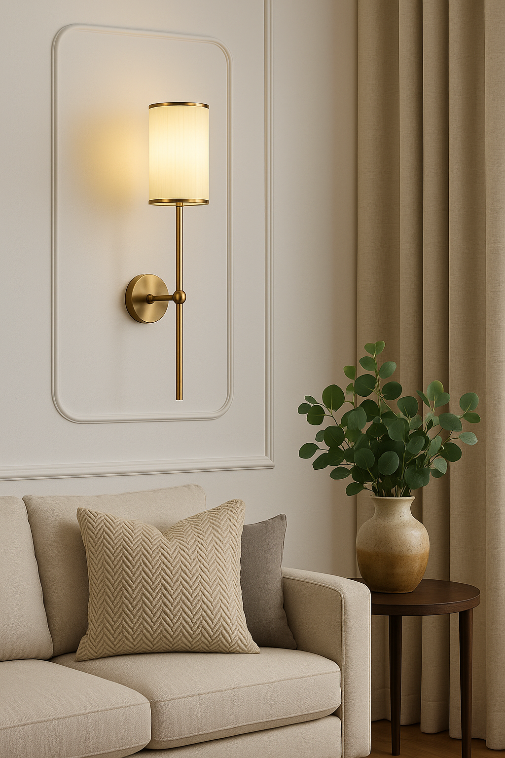 Powerlam Modern Wall Sconce Light, Brass Finish with Cylindrical White Shade, Contemporary Indoor Lighting Fixture (Without Bulb)