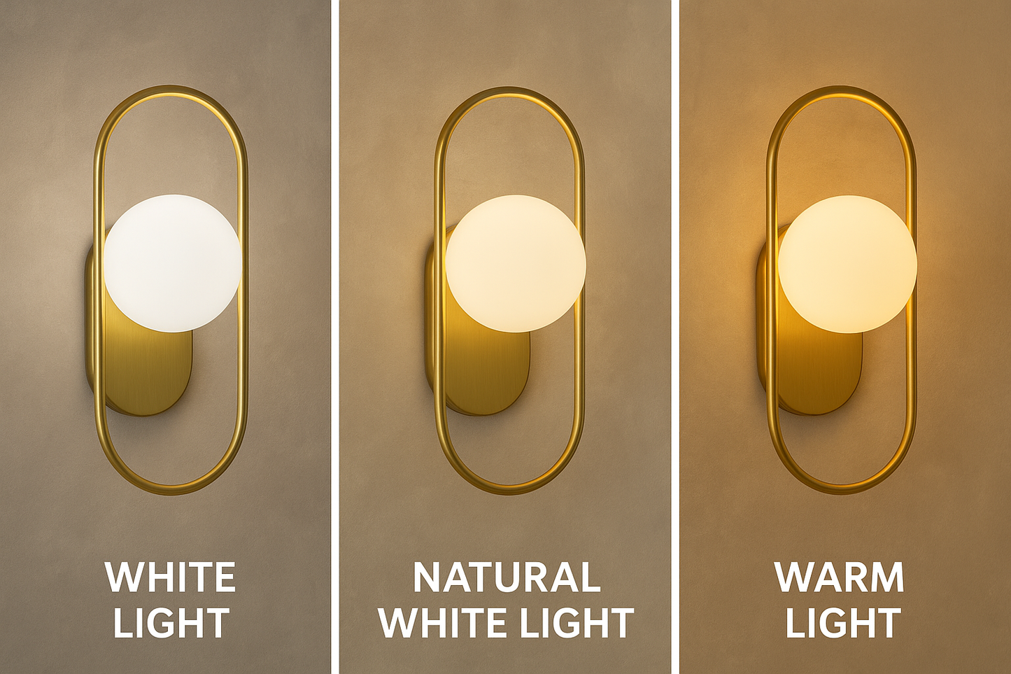Powerlam Modern Globe Wall Light with Gold Frame, Oval Backplate, White Glass Shade, Contemporary Sconce