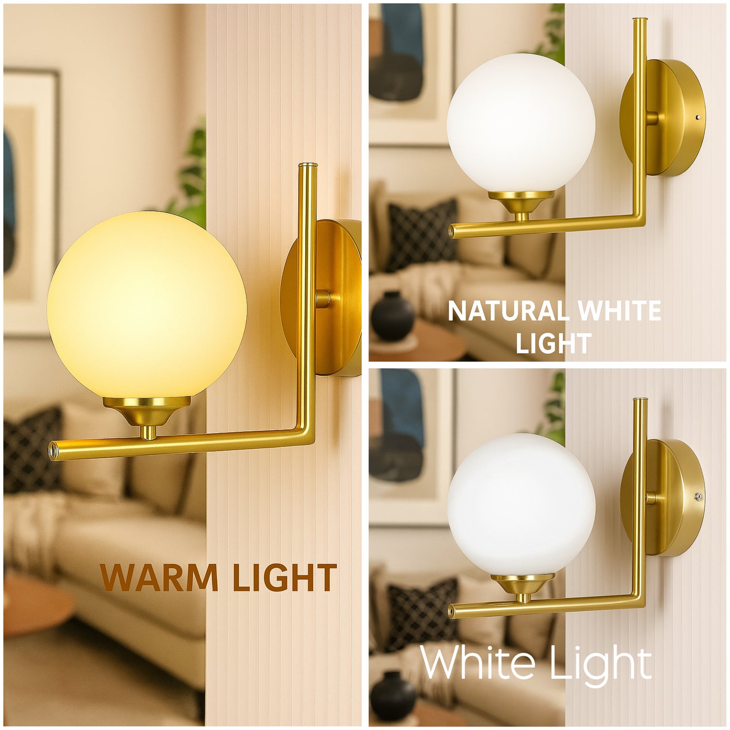 POWERLAM Modern Globe Wall Sconce, Brass Finish with Glass Shade, 3-Mode White and Warm Light