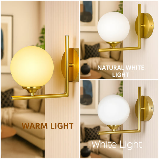 POWERLAM Modern Globe Wall Sconce, Brass Finish with Glass Shade, 3-Mode White and Warm Light