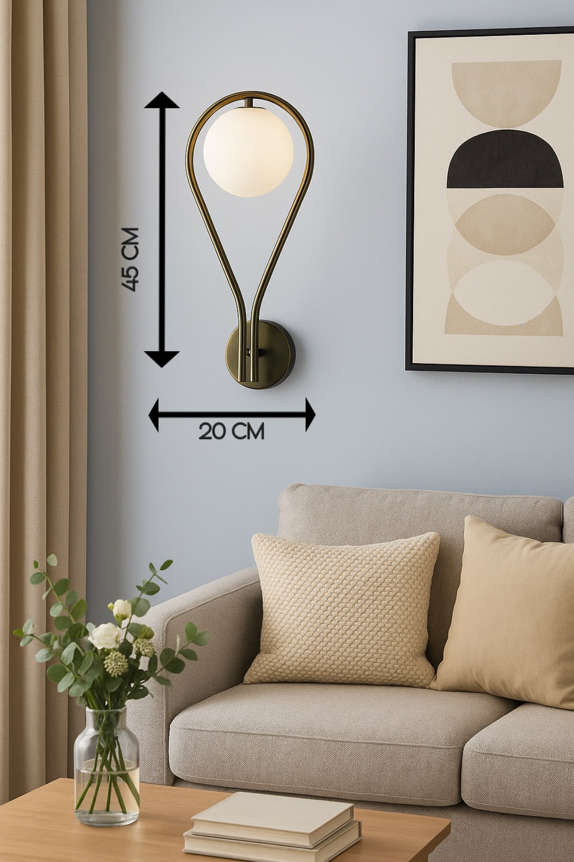 Powerlam Modern Wall Sconce Light, Teardrop Design, Globe Glass Shade, 30 cm Height, Brushed Brass
