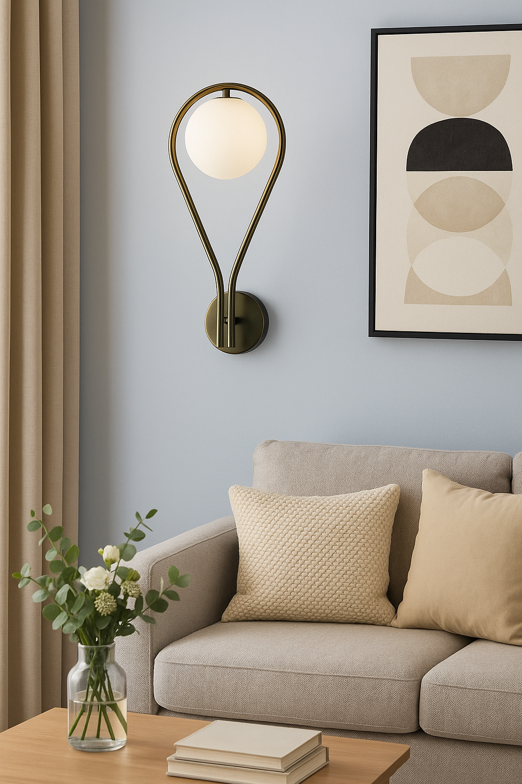 Powerlam Modern Wall Sconce Light, Teardrop Design, Globe Glass Shade, 30 cm Height, Brushed Brass