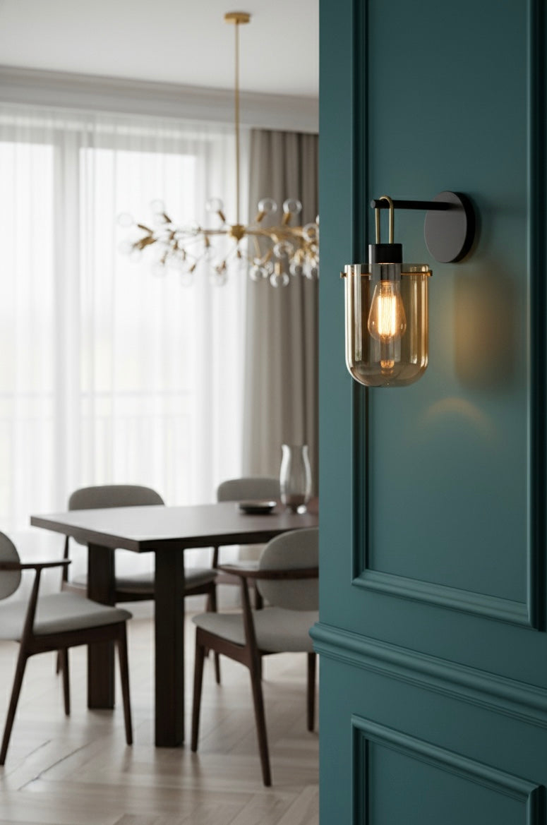 Powerlam Modern Industrial Wall Sconce Light, Black Metal with Amber Glass Shade, Edison Bulb Compatible, Indoor Wall Mount Lighting Fixture for Living Room, Bedroom