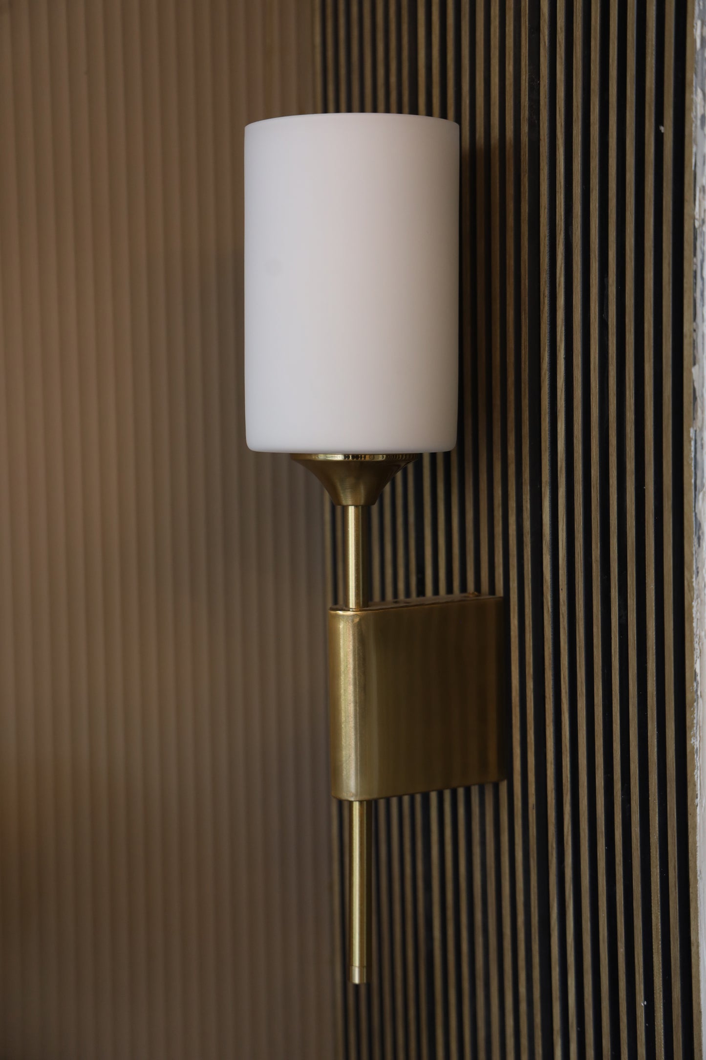 Powerlam Modern Wall Sconce with Cylindrical Glass Shade, Brass Metal Frame, Warm White Light