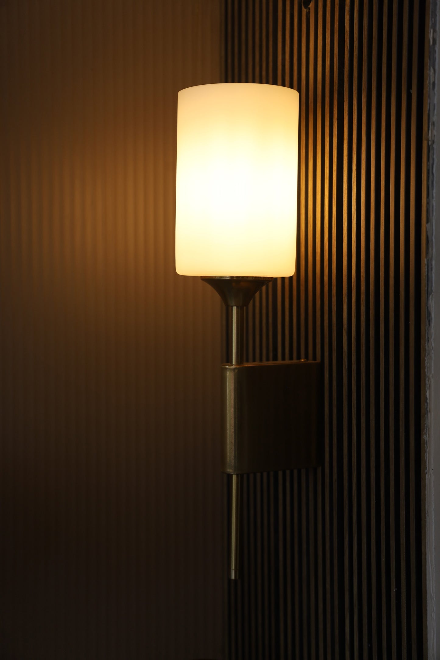 Powerlam Modern Wall Sconce with Cylindrical Glass Shade, Brass Metal Frame, Warm White Light