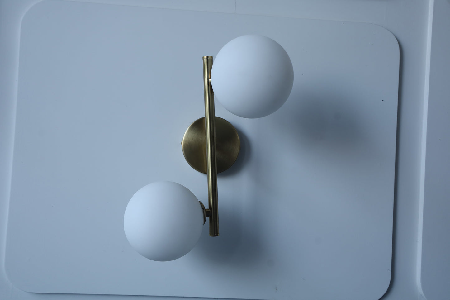 POWERLAM Modern Wall Sconce with 2 Globe Lights, Brass Metal Frame, White Glass Spheres