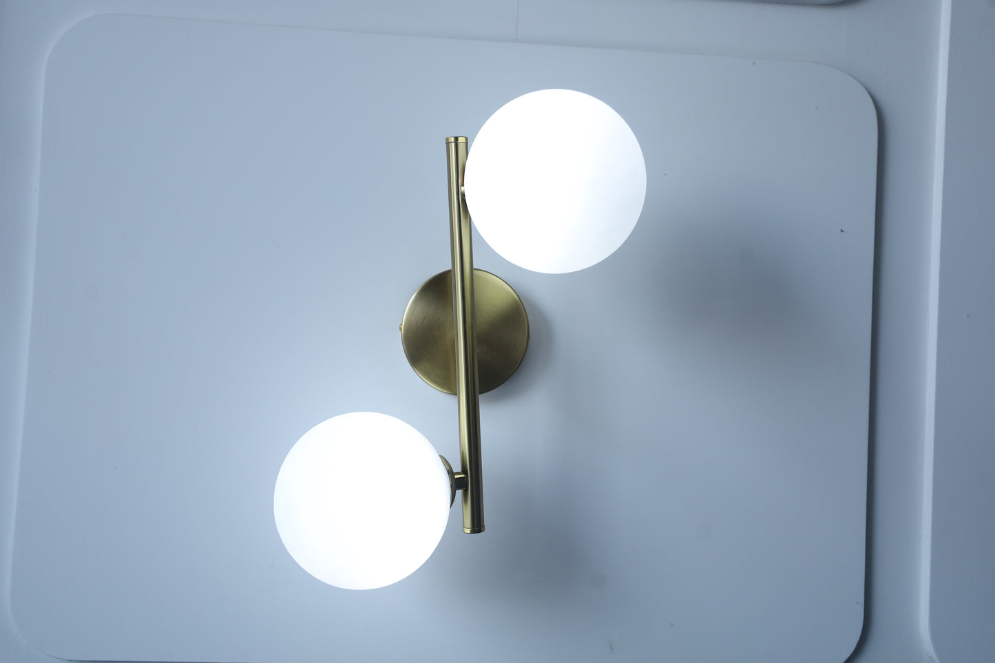 POWERLAM Modern Wall Sconce with 2 Globe Lights, Brass Metal Frame, White Glass Spheres