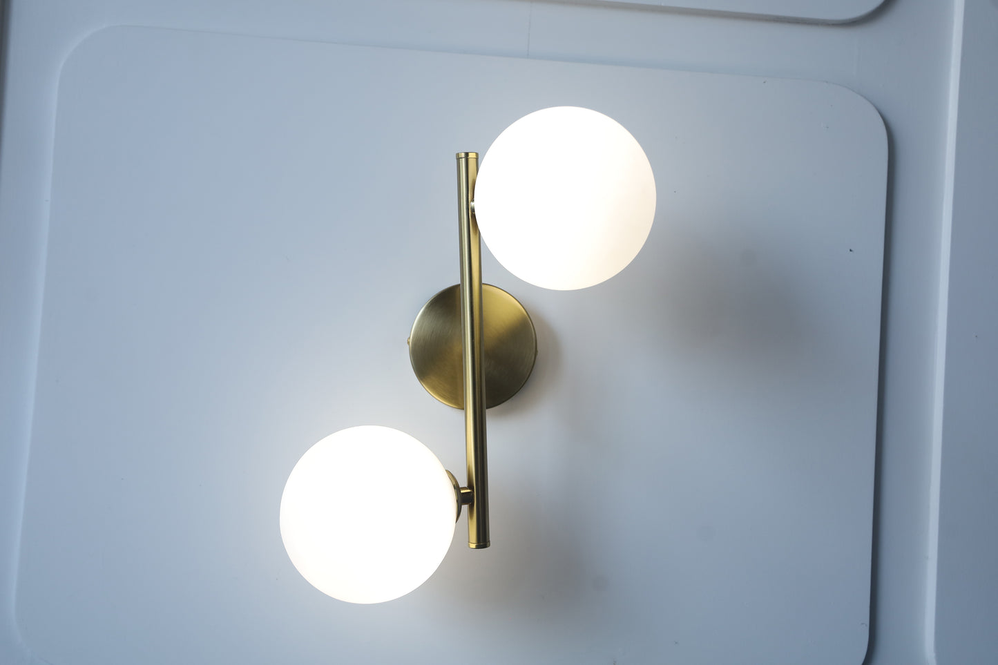 POWERLAM Modern Wall Sconce with 2 Globe Lights, Brass Metal Frame, White Glass Spheres