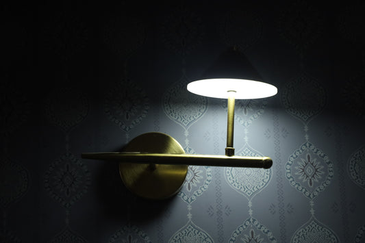 POWERLAM Elegant Cone-Shade Wall Light � Brushed Gold Finish LED Wall Sconce Light, Brushed Brass Finish, Disc-Shaped Shade, Contemporary Design