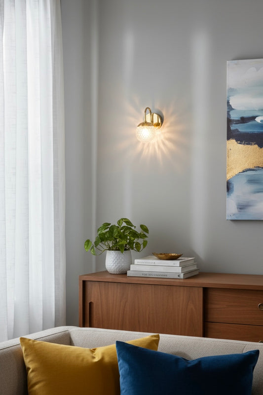 Powerlam Modern Glass Globe Wall Sconce, Brass Finish, Textured Crystal Shade, Contemporary Indoor Light Fixture for Living Room, Bedroom, Hallway