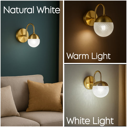 POWERLAM Modern Gold Wall Light with Frosted Glass Globe | Decorative LED Wall Lamp for Living Room, Bedroom, Hallway