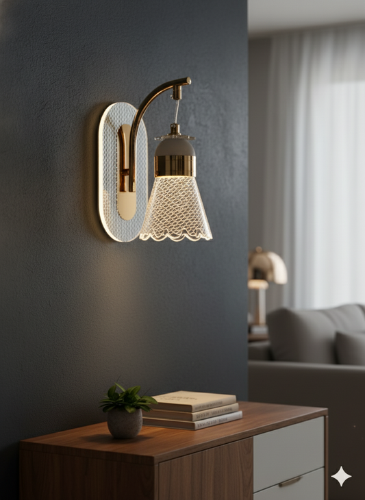 Powerlam Modern Wall Sconce Light, Gold Metal Glass, Intricate Lace Shade Design, Luxury Indoor Lighting Fixture