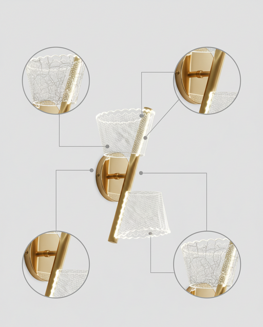 Powerlam Modern Wall Sconce with Lace Pattern Glass Shade, Gold Brass Finish, Double Light Fixture, Contemporary Indoor Lighting for Bedroom Living Room