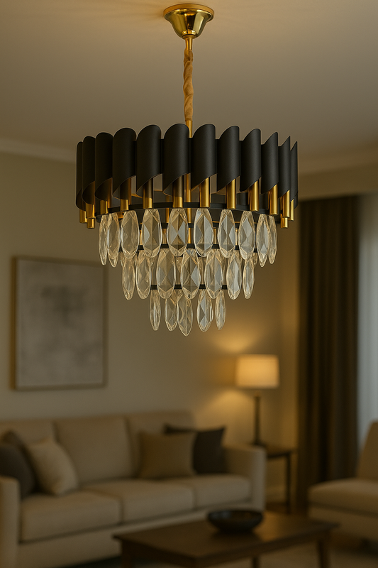 POWERLAM Luxury Black & Gold Crystal Chandelier | Designer Hanging Ceiling Light for Living Room, Dining, Lobby | Elegant LED Pendant Lamp