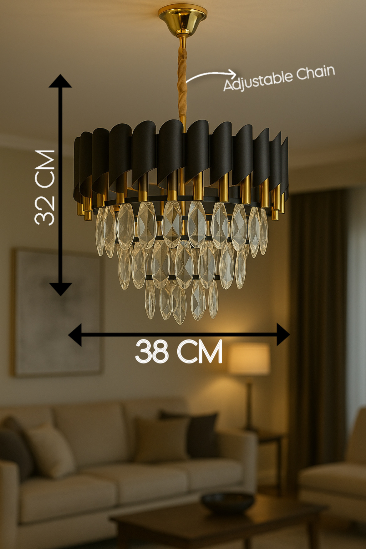 POWERLAM Luxury Black & Gold Crystal Chandelier | Designer Hanging Ceiling Light for Living Room, Dining, Lobby | Elegant LED Pendant Lamp
