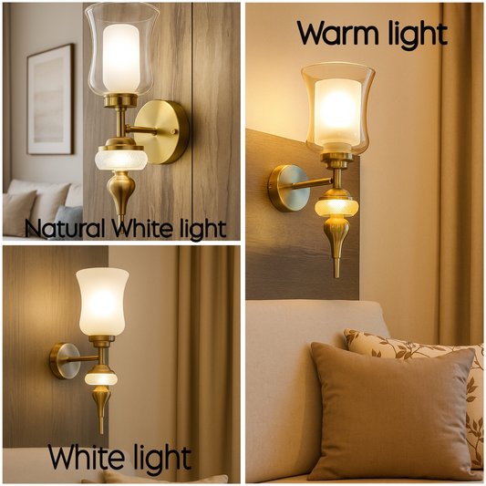 Powerlam Modern Wall Sconce with Glass Shade, 3-Light Mode Brass Wall Light, Natural White/Warm White Lighting