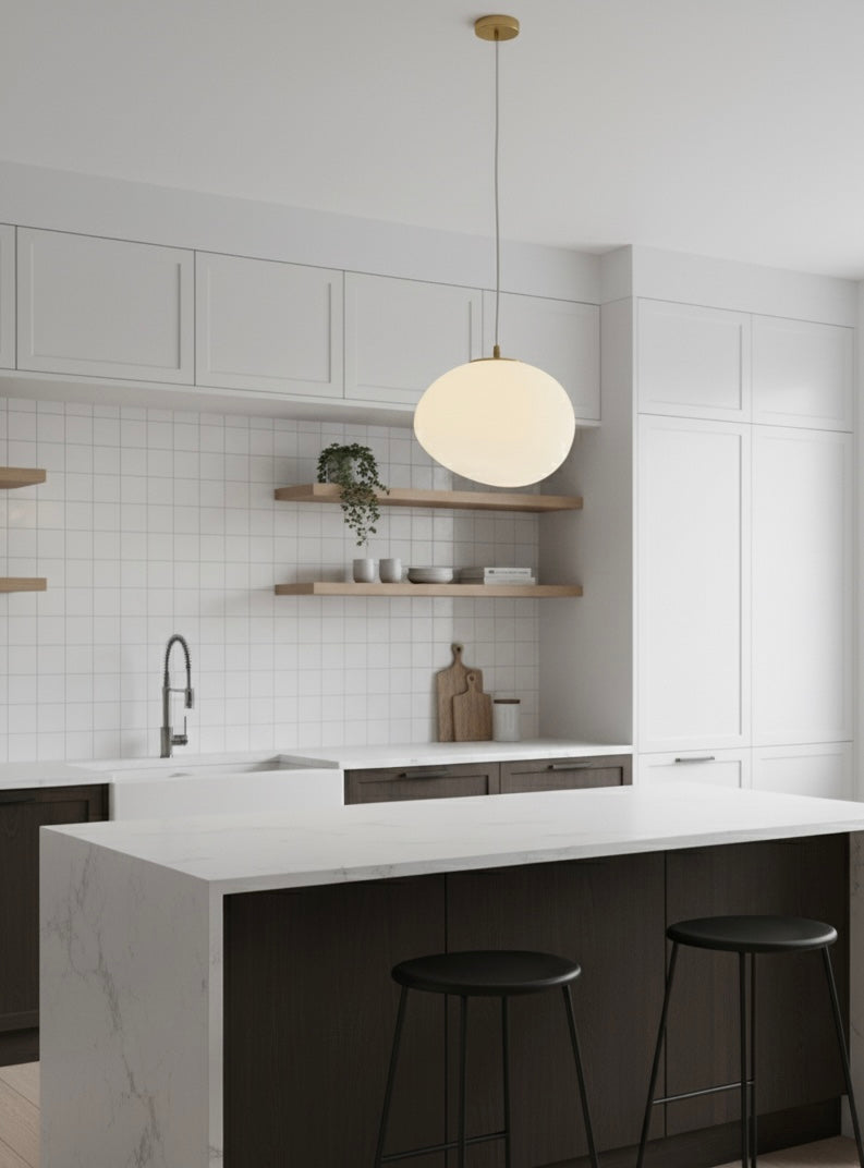 Powerlam Modern Globe Pendant Light, White Glass Shade, Adjustable Height, Diameter, Contemporary Minimalist Design for Kitchen, Living Room