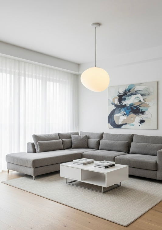 Powerlam Modern Globe Pendant Light, White Glass Shade, Adjustable Height, 30cm Diameter, Contemporary Minimalist Design for Kitchen, Living Room