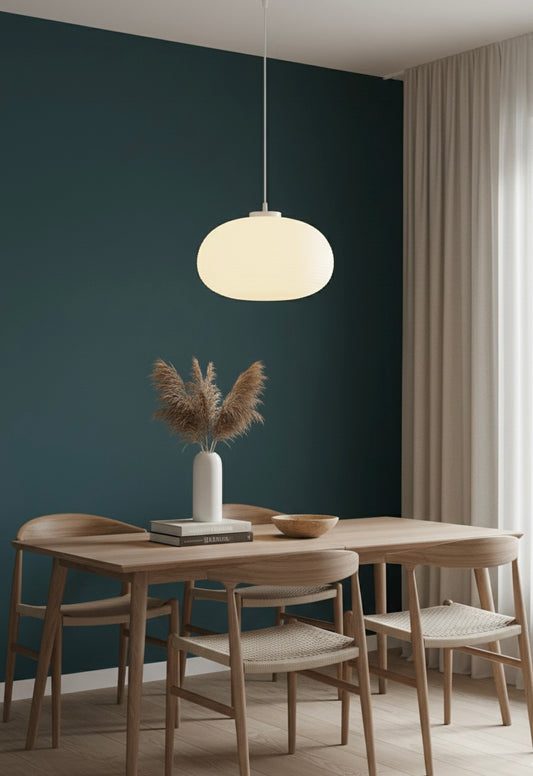 Powerlam Modern Oval Glass Pendant Light, White Frosted Shade, 33x20 cm, Contemporary Hanging Lamp for Living Room, Dining Room