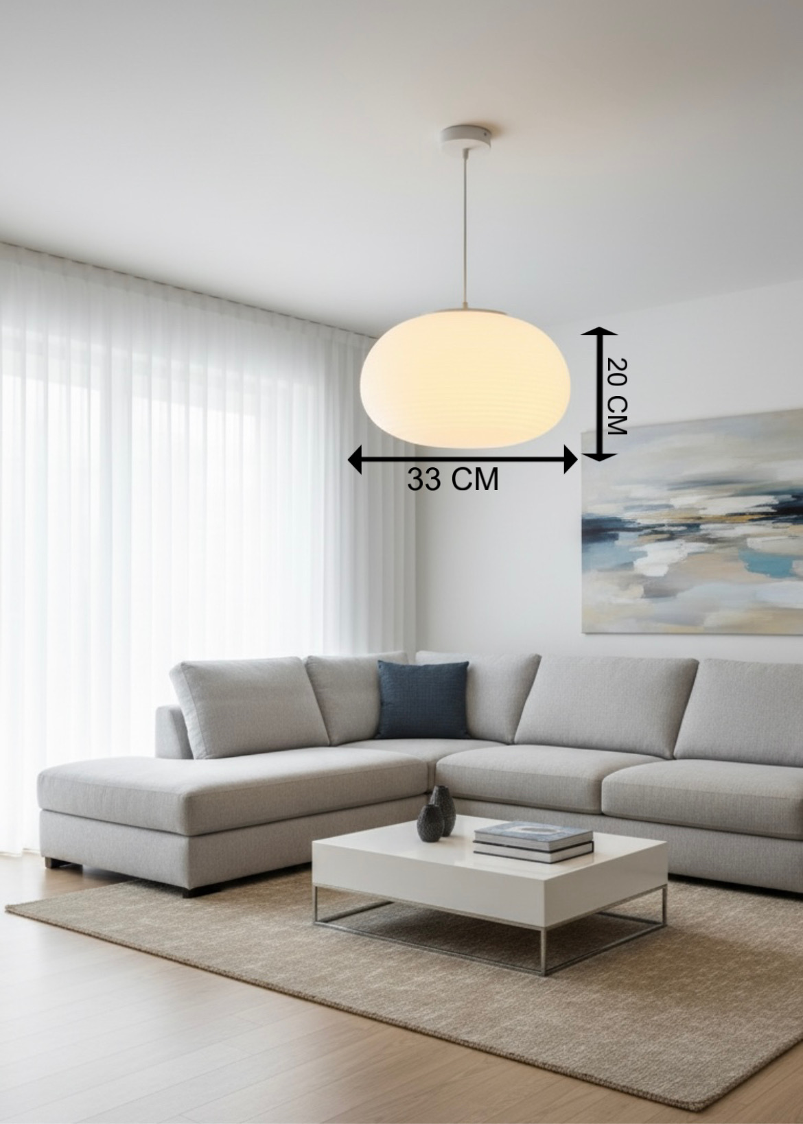 Powerlam Modern Oval Glass Pendant Light, White Frosted Shade, 33x20 cm, Contemporary Hanging Lamp for Living Room, Dining Room