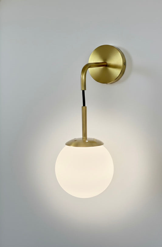 Powerlam Modern Globe Wall Sconce, Brass Metal with White Glass Shade, Contemporary Indoor Light Fixture for Living Room, Bedroom