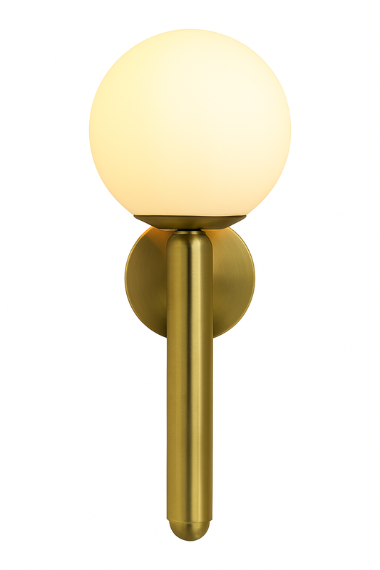 Powerlam Modern Globe Wall Sconce, Brass Finish with White Glass Shade, Indoor Light Fixture (Without Bulb)