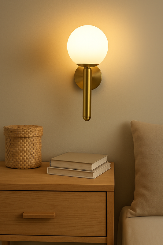 Powerlam Modern Globe Wall Sconce, Brass Finish with White Glass Shade, Indoor Light Fixture (Without Bulb)