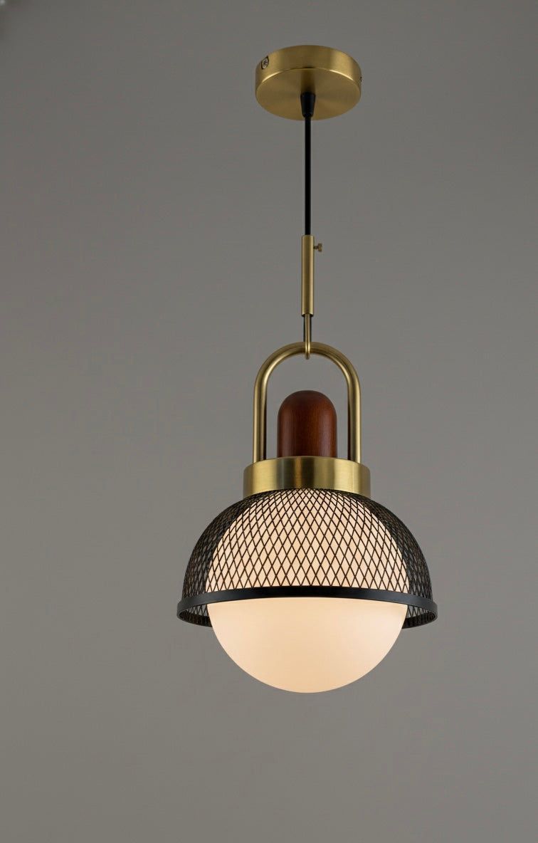 Powerlam Modern Globe Pendant Light with Mesh Dome, Brass and Wood Finish, Contemporary Hanging Lamp for Dining Room, Living Room