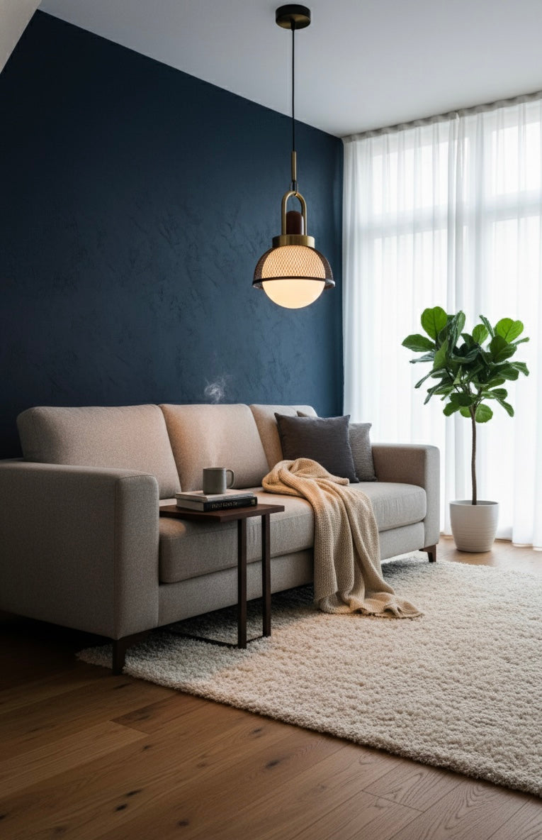 Powerlam Modern Globe Pendant Light with Mesh Dome, Brass and Wood Finish, Contemporary Hanging Lamp for Dining Room, Living Room