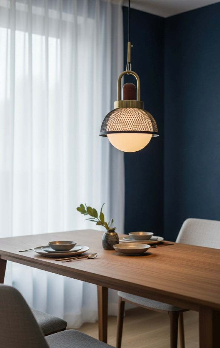 Powerlam Modern Globe Pendant Light with Mesh Dome, Brass and Wood Finish, Contemporary Hanging Lamp for Dining Room, Living Room