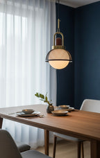 Powerlam Modern Globe Pendant Light with Mesh Dome, Brass and Wood Finish, Contemporary Hanging Lamp for Dining Room, Living Room