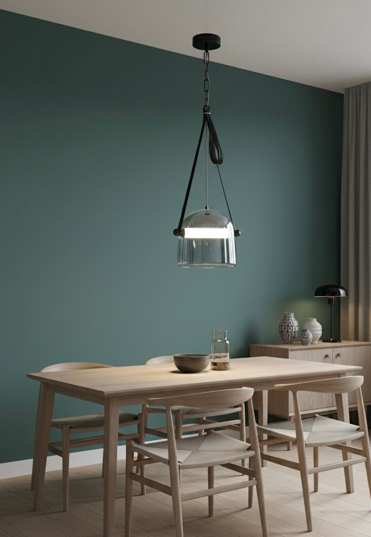 Powerlam Modern Glass Pendant Light, Black Metal Chain, Clear Dome Shade, Contemporary Hanging Lamp for Dining Room, Living Room, Bedroom