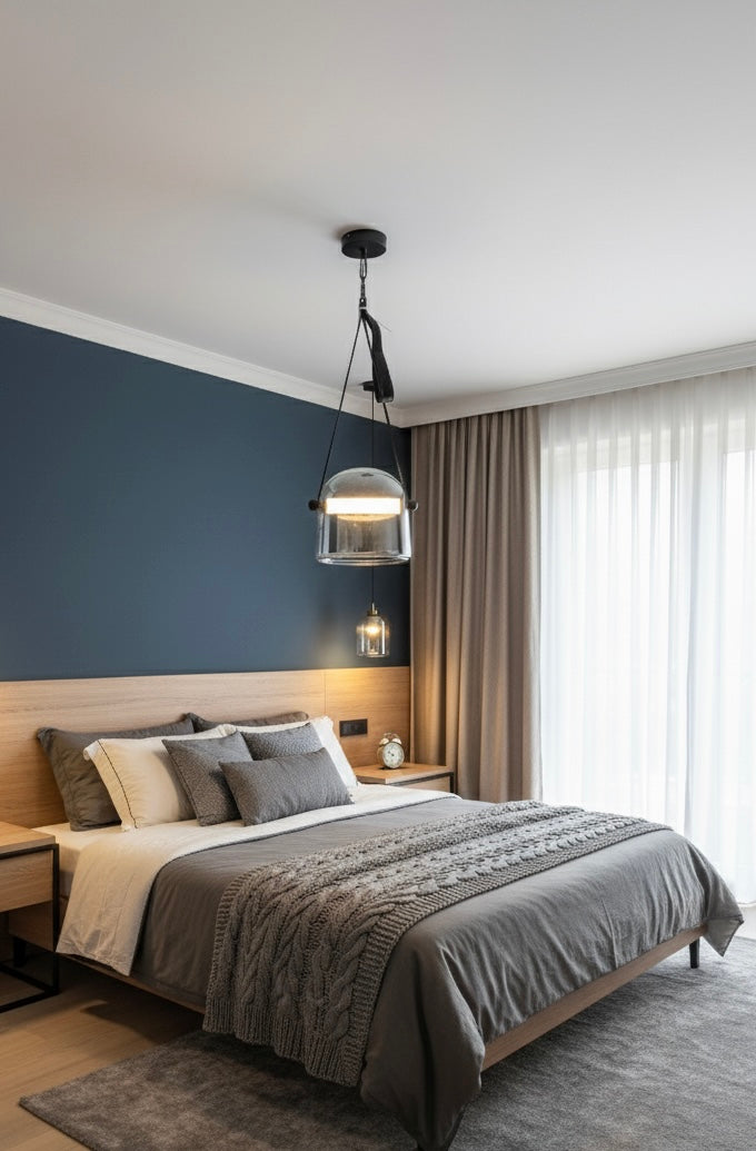 Powerlam Modern Glass Pendant Light, Black Metal Chain, Clear Dome Shade, Contemporary Hanging Lamp for Dining Room, Living Room, Bedroom