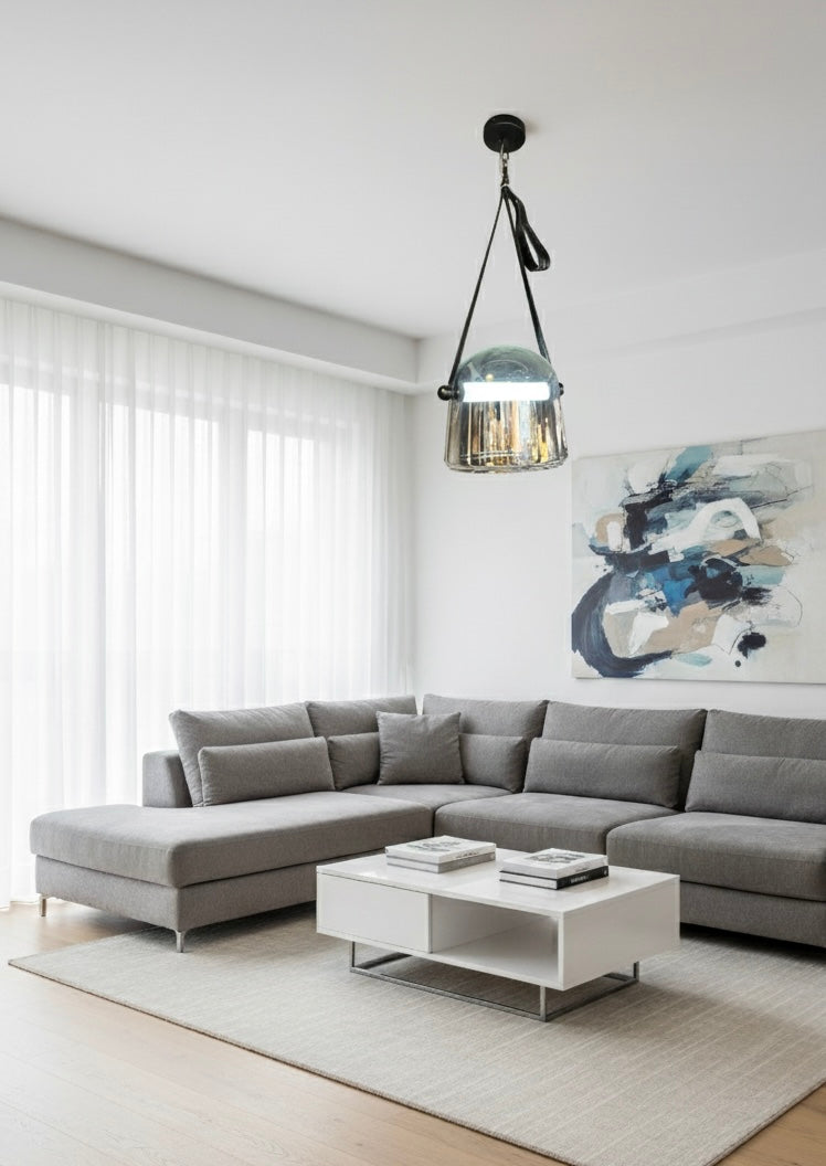 Powerlam Modern Glass Pendant Light, Black Metal Chain, Clear Dome Shade, Contemporary Hanging Lamp for Dining Room, Living Room, Bedroom