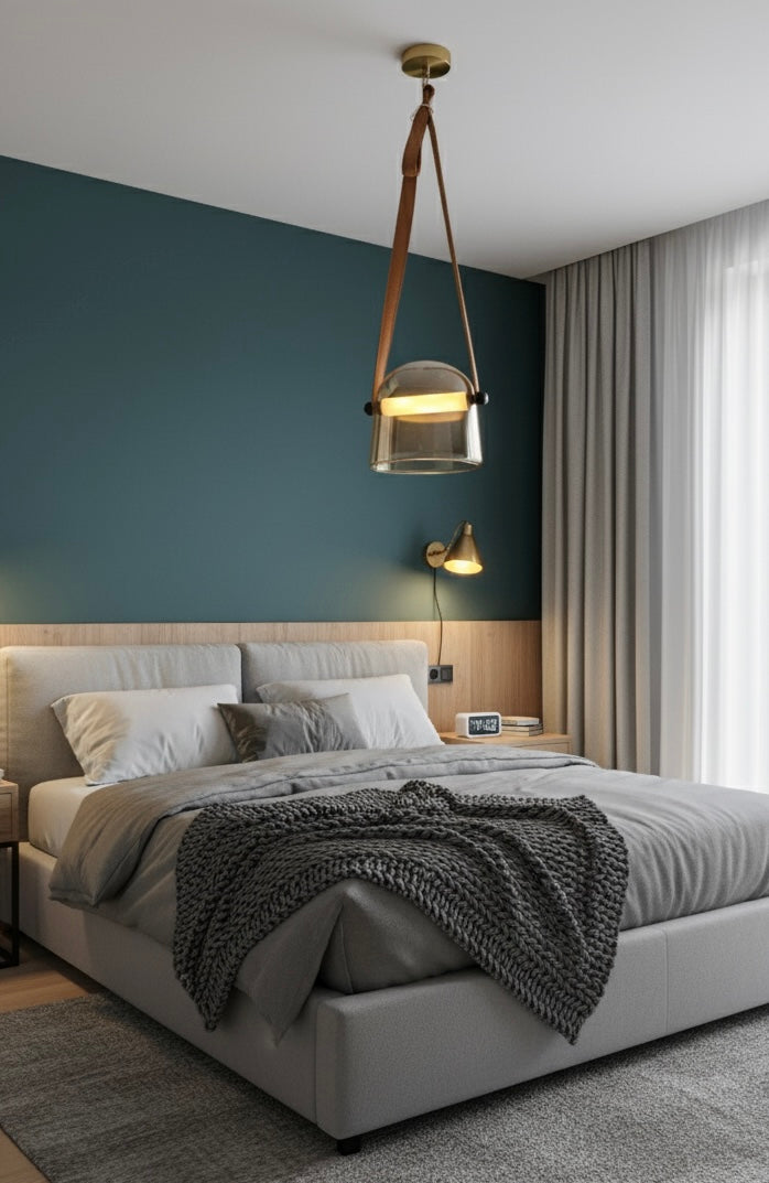 Powerlam Modern Glass Pendant Light with Leather Strap, Adjustable Hanging Lamp, Clear Dome Shade, Brass Ceiling Mount, for Living Room, Dining Room, Bedroom