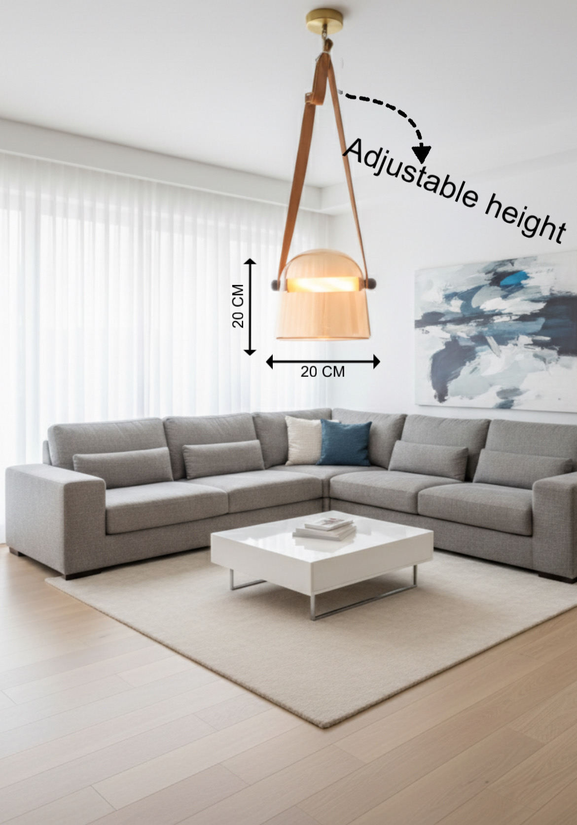 Powerlam Modern Glass Pendant Light with Leather Strap, Adjustable Hanging Lamp, Clear Dome Shade, Brass Ceiling Mount, for Living Room, Dining Room, Bedroom