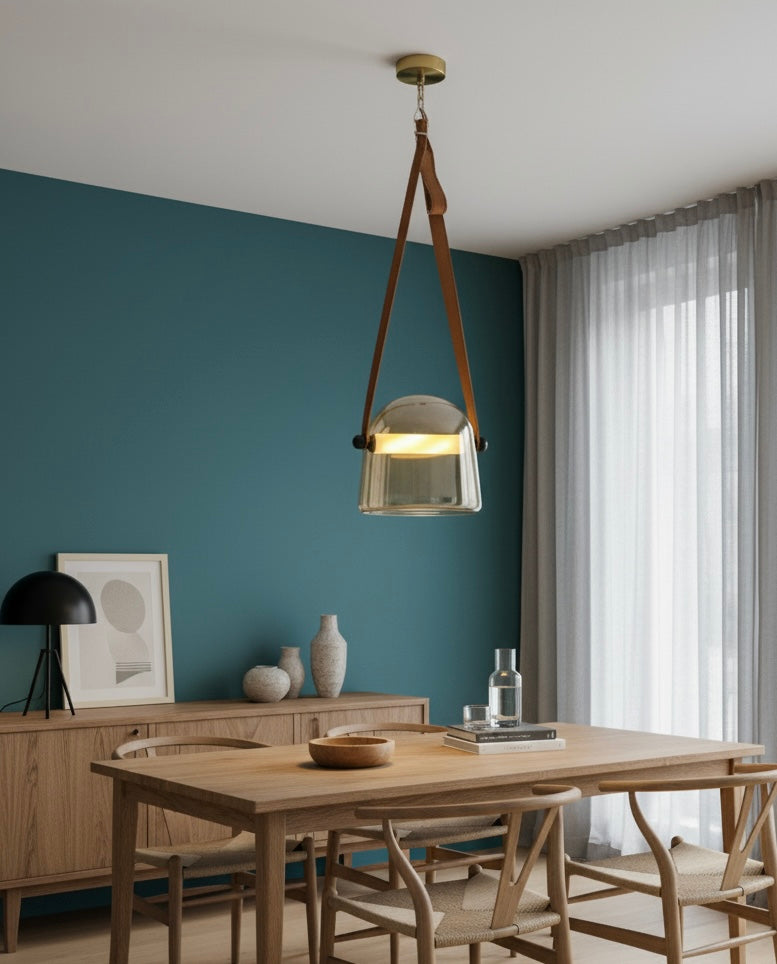 Powerlam Modern Glass Pendant Light with Leather Strap, Adjustable Hanging Lamp, Clear Dome Shade, Brass Ceiling Mount, for Living Room, Dining Room, Bedroom